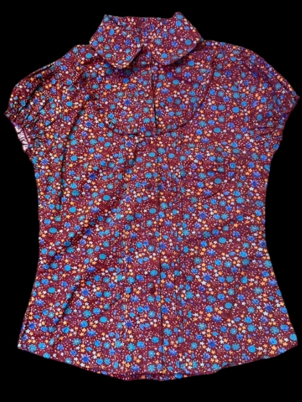 NWT At Last Sz S Floral Cap-Sleeve Button-Up Top in Burgundy and Blue